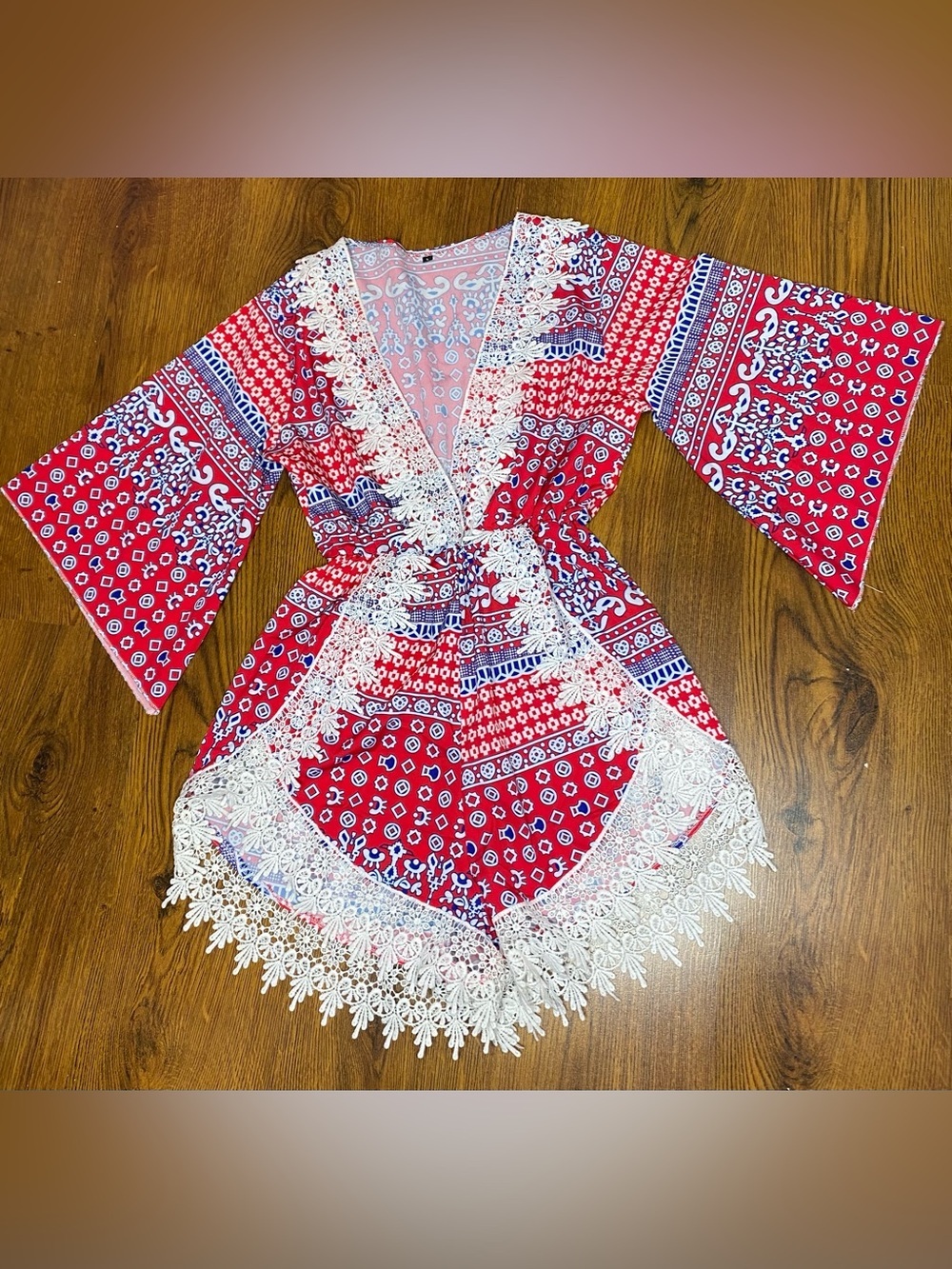 🌷 Red Boho Lace Trim Kimono Festival Romper 🌷